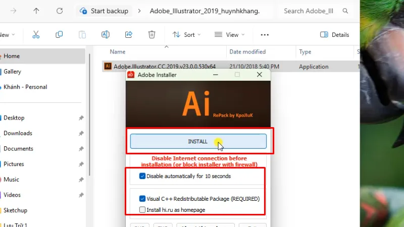 Tích như hình và bấm Install