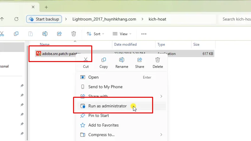 Chạy file adobe.snr.patch... bằng quyền Admin
