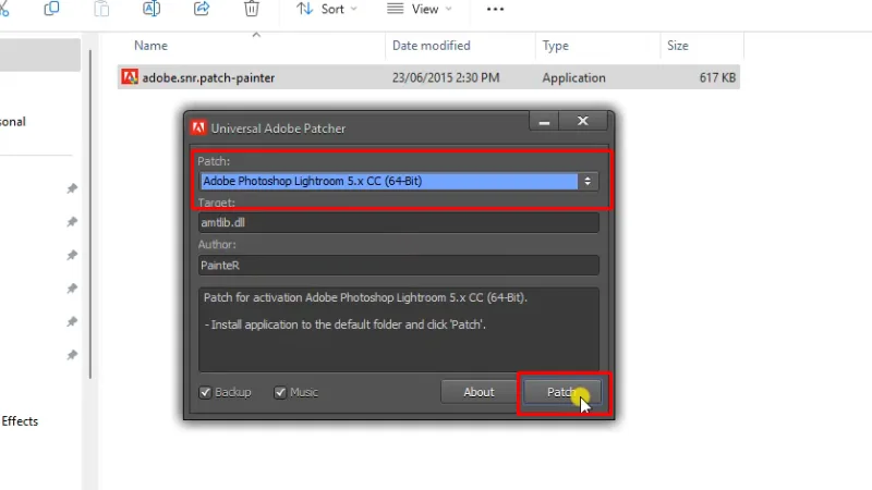 Chọn Adobe Photoshop Lightroom 5.x CC (64BIT) và bấm Patch