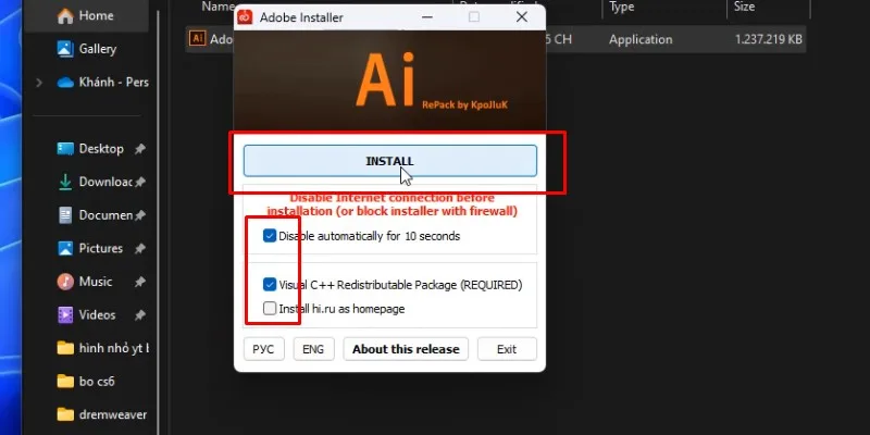tích chọn và bấm install